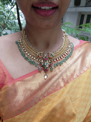 Gold polish necklace with kundan & semi precious stones with green beads & pearls (Made To Order))-Silver Neckpiece-PL-House of Taamara