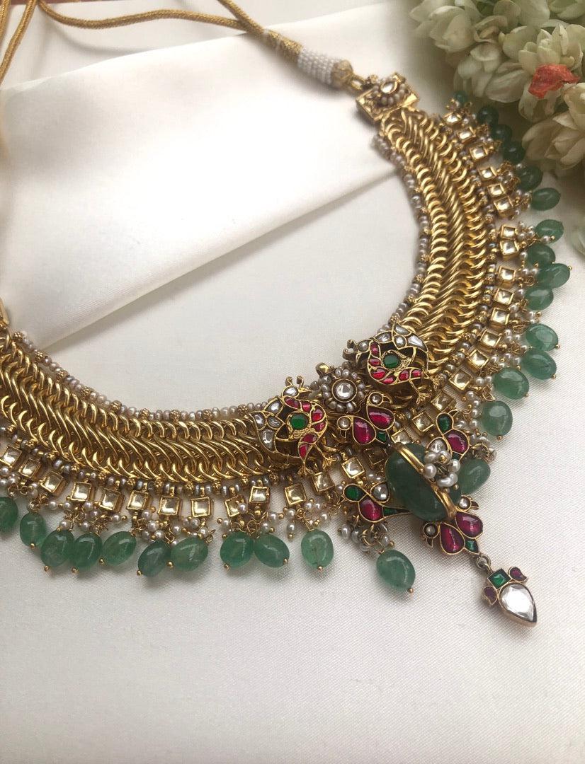 Gold polish necklace with kundan & semi precious stones with green beads & pearls (Made To Order))-Silver Neckpiece-PL-House of Taamara