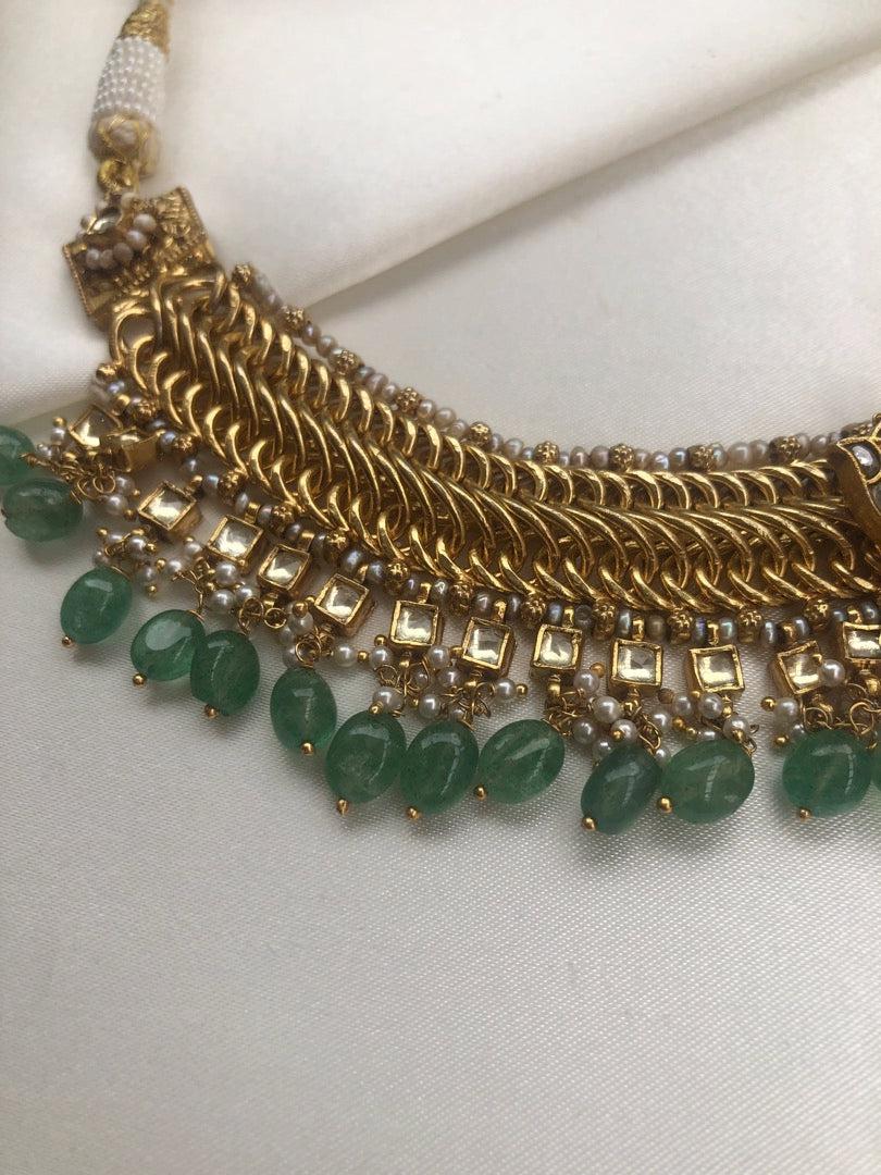 Gold polish necklace with kundan & semi precious stones with green beads & pearls (Made To Order))-Silver Neckpiece-PL-House of Taamara