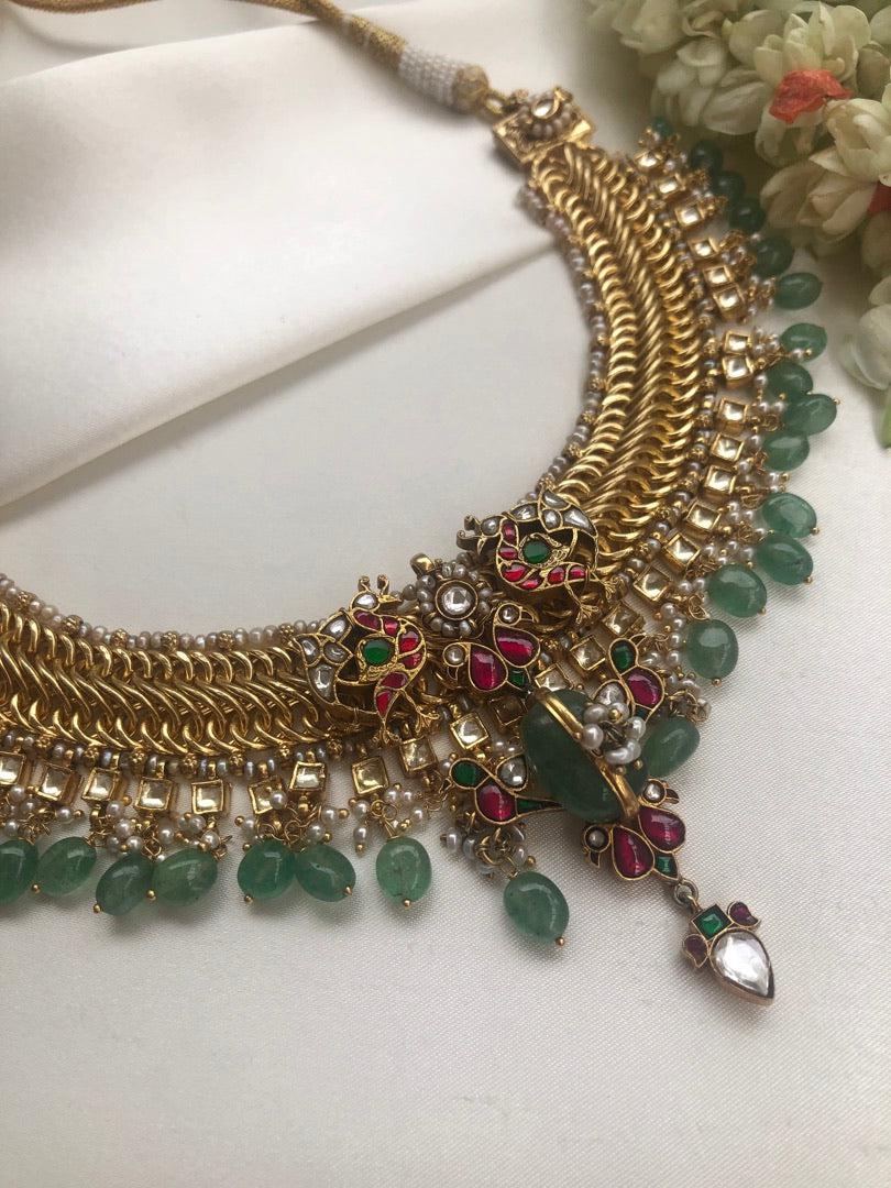 Gold polish necklace with kundan & semi precious stones with green beads & pearls (Made To Order))-Silver Neckpiece-PL-House of Taamara