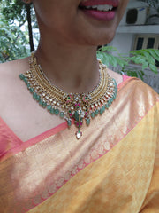 Gold polish necklace with kundan & semi precious stones with green beads & pearls (Made To Order))-Silver Neckpiece-PL-House of Taamara