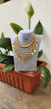 Gold polish necklace with long rice pearls, kasu coins & gundu bead drops-Silver Neckpiece-PL-House of Taamara