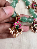 Gold polish oval shape jade beads with kundan motifs and pearls-Silver Neckpiece-CI-House of Taamara