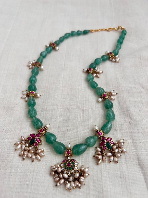 Gold polish oval shape jade beads with kundan motifs and pearls-Silver Neckpiece-CI-House of Taamara