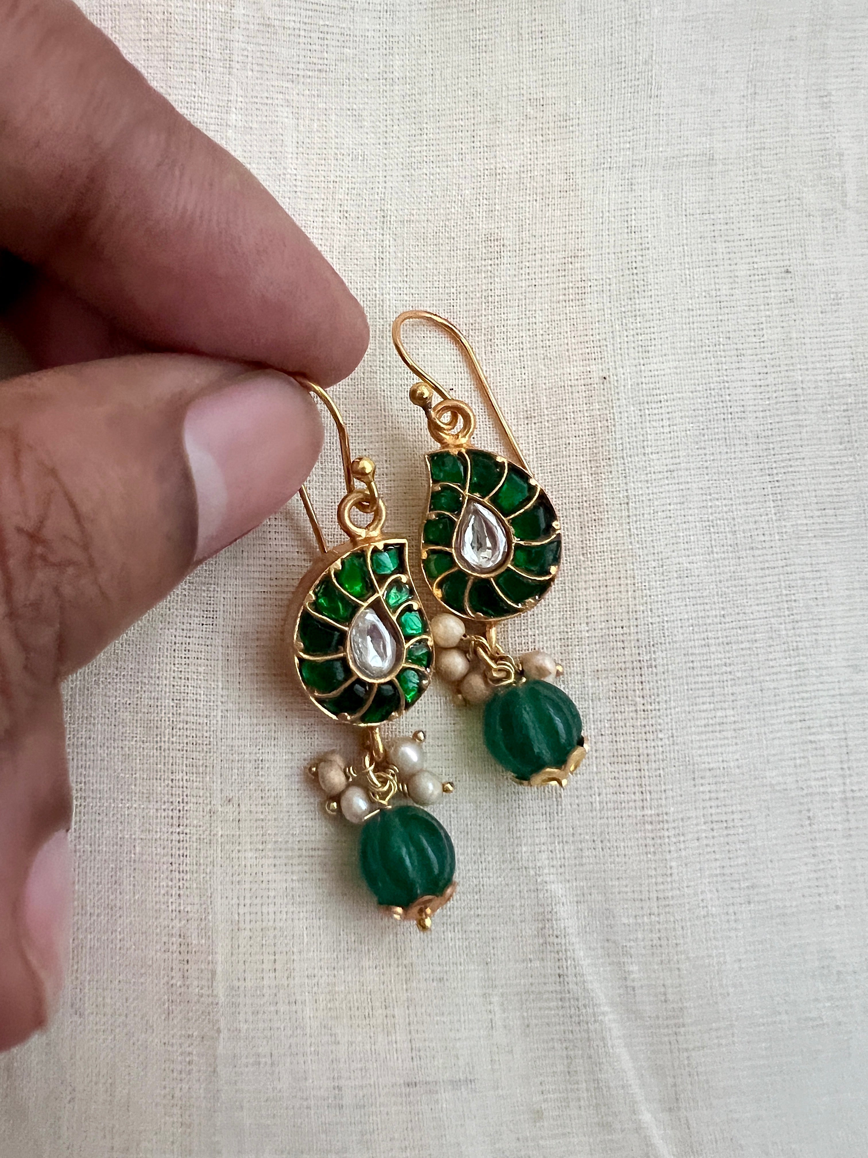 Gold polish pasiley hook hangings with emerald stones and pearls-Earrings-CI-House of Taamara