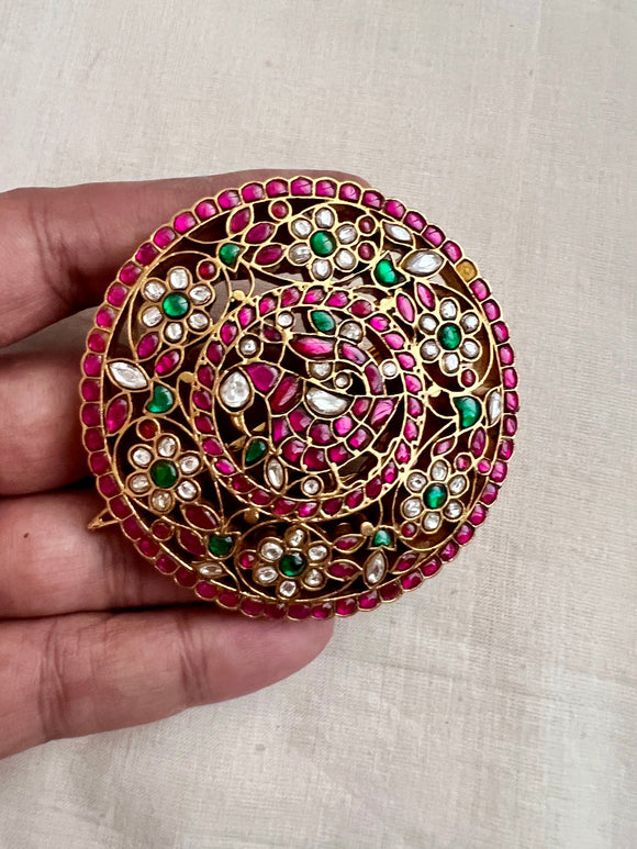 Gold polish peacock kundan, ruby & emerald hair clip/jade billa-Silver Neckpiece-CI-House of Taamara