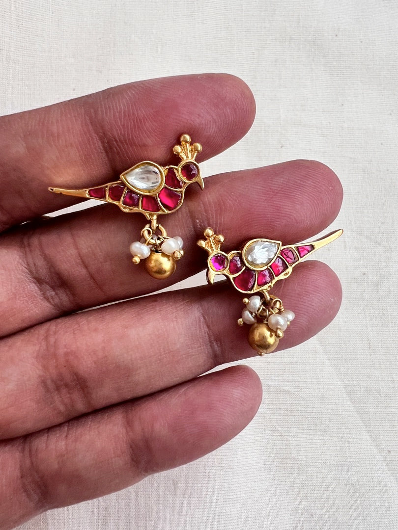 Gold polish peacock motif studs with pearls-Earrings-CI-House of Taamara