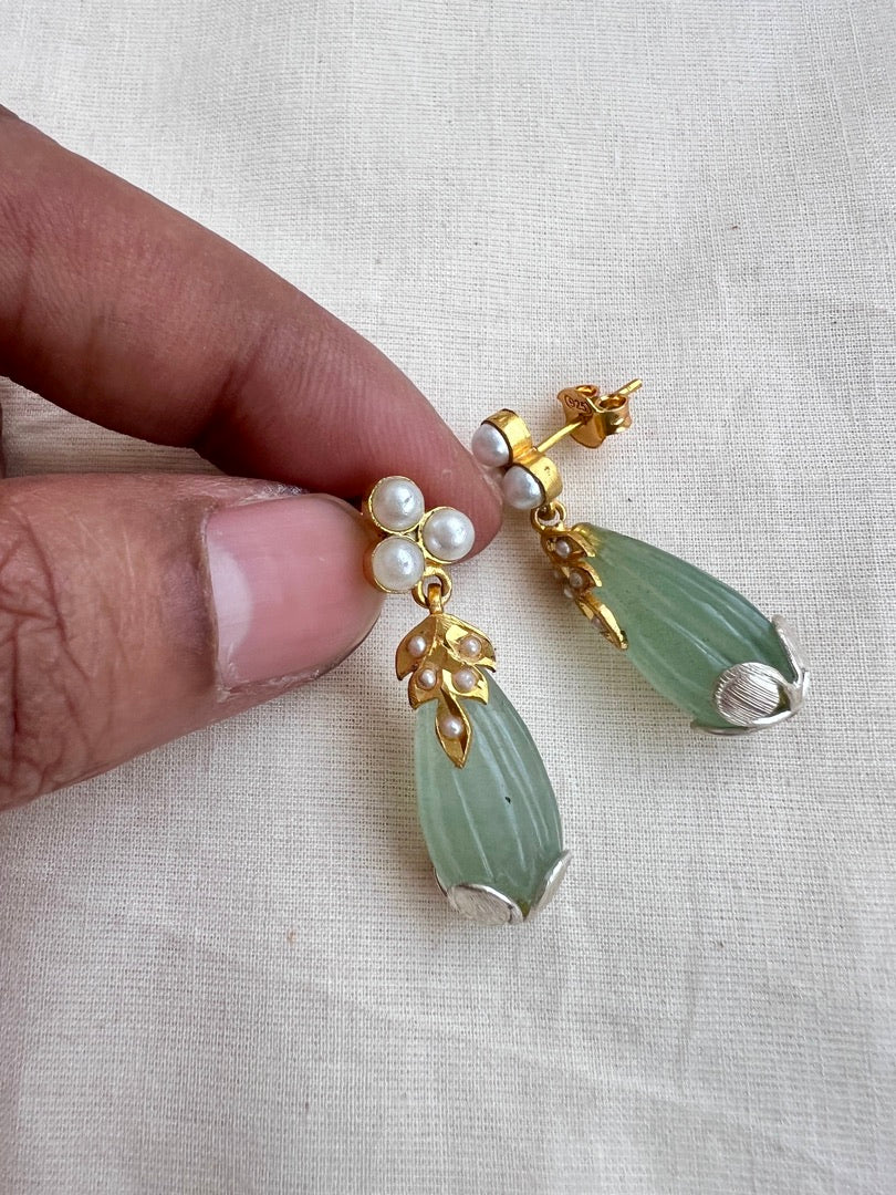Gold polish pearl and tear drop shaped jade earrings-Earrings-CI-House of Taamara
