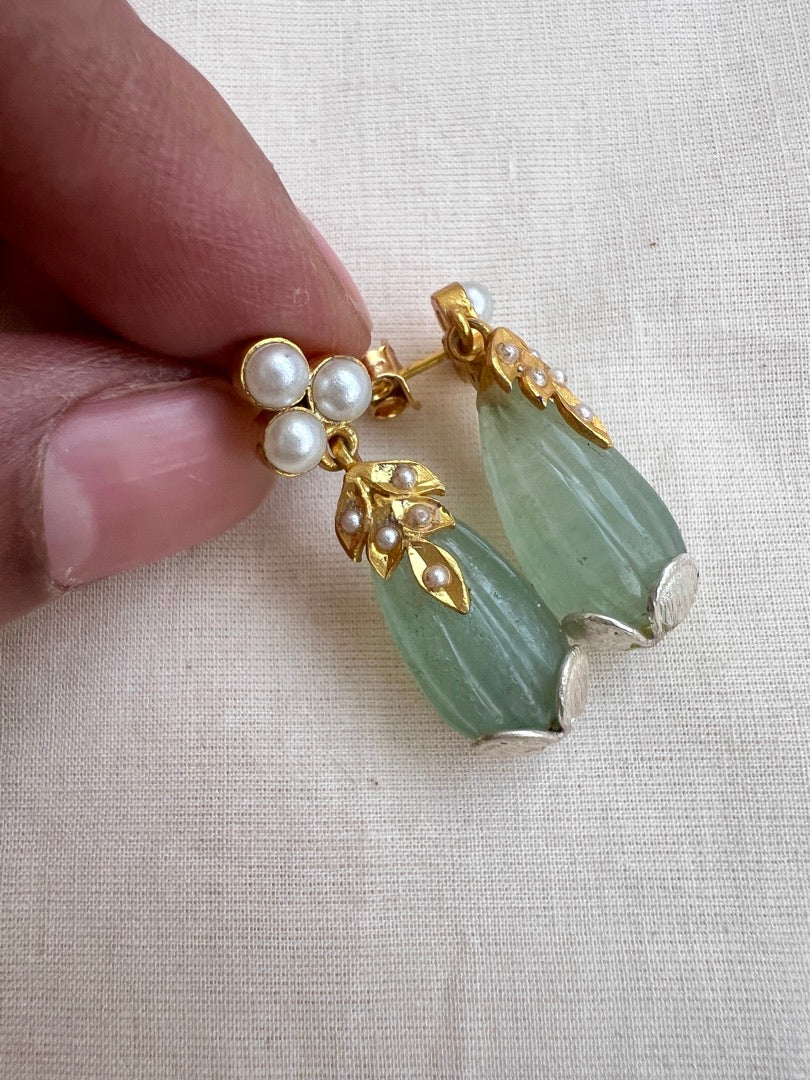 Gold polish pearl and tear drop shaped jade earrings-Earrings-CI-House of Taamara