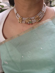 Gold polish pearl choker stringed with kundan, ruby & emerald motifs-Silver Neckpiece-CI-House of Taamara