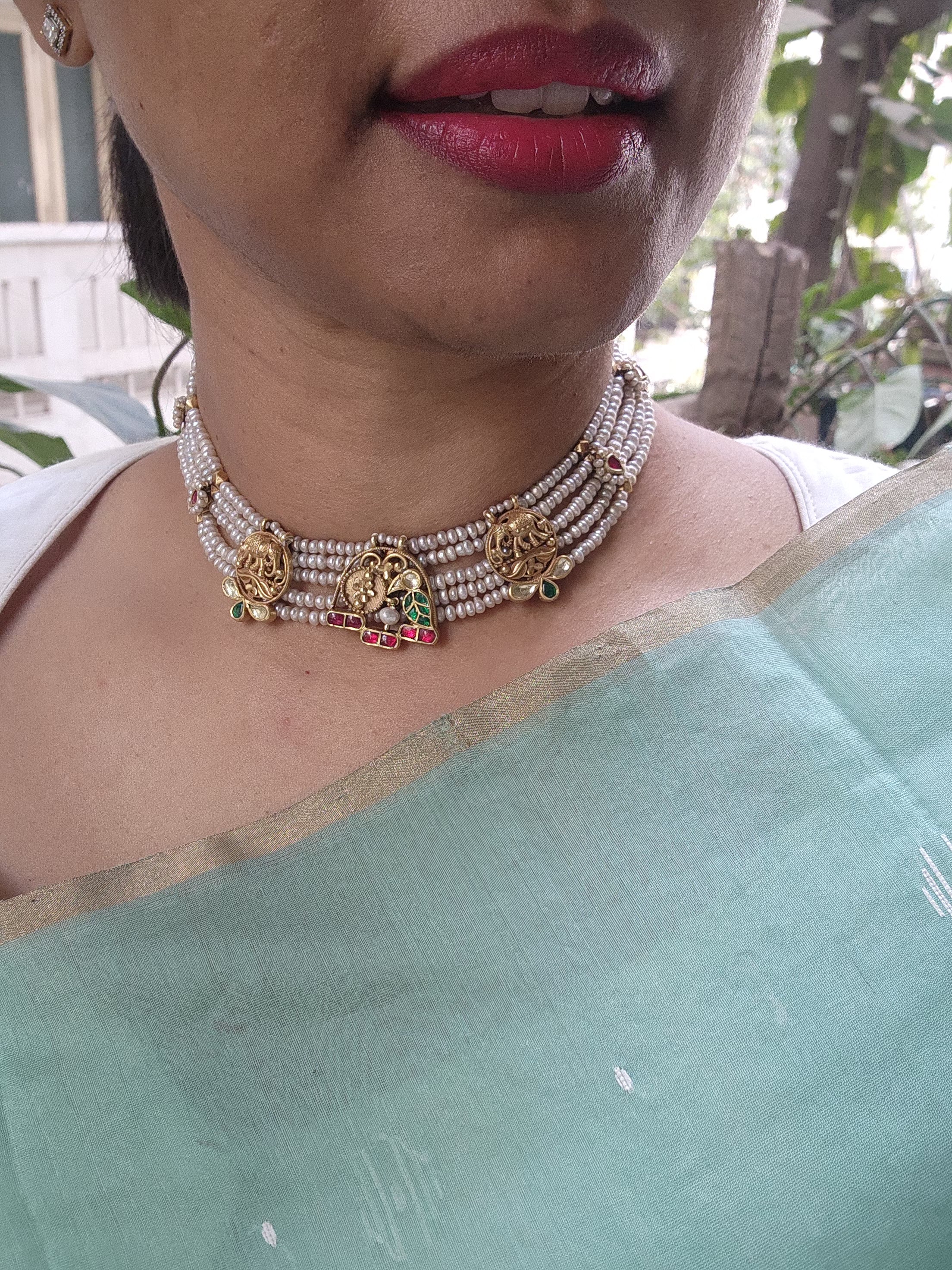 Gold polish pearl choker stringed with kundan, ruby & emerald motifs-Silver Neckpiece-CI-House of Taamara