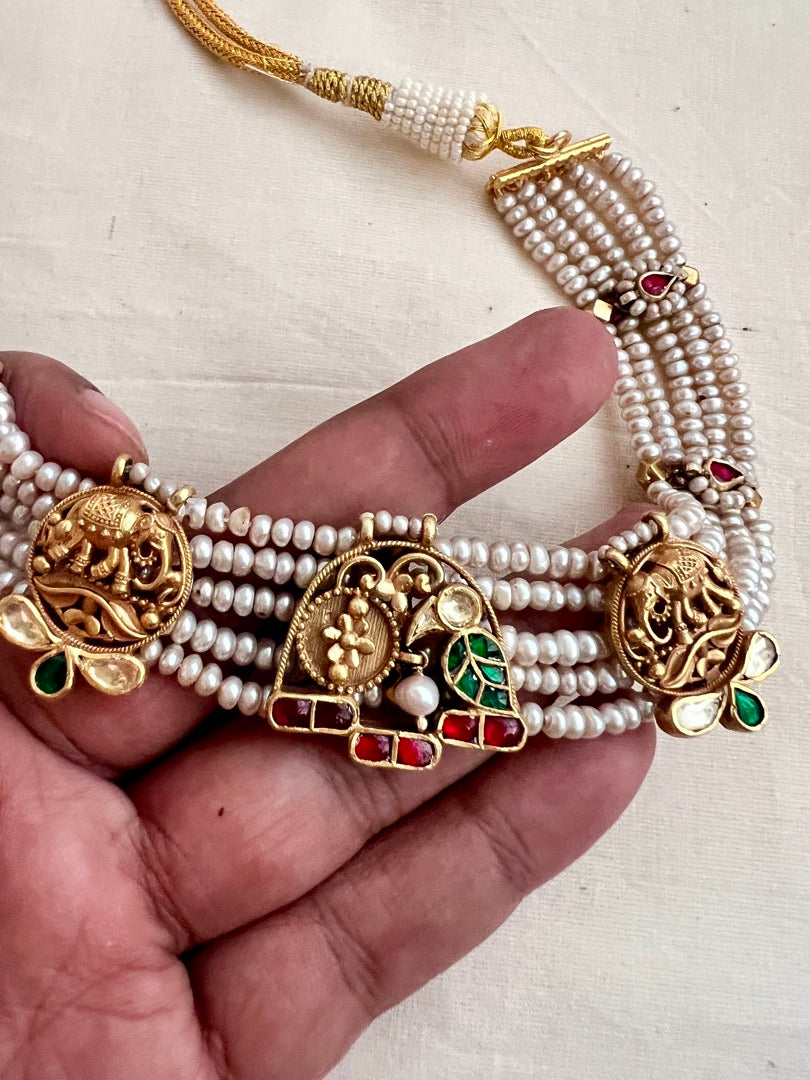 Gold polish pearl choker stringed with kundan, ruby & emerald motifs-Silver Neckpiece-CI-House of Taamara