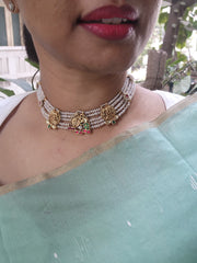 Gold polish pearl choker stringed with kundan, ruby & emerald motifs-Silver Neckpiece-CI-House of Taamara