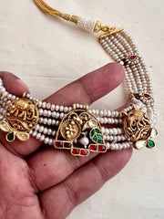 Gold polish pearl choker stringed with kundan, ruby & emerald motifs-Silver Neckpiece-CI-House of Taamara