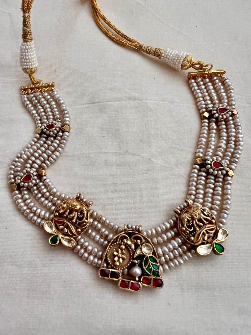 Gold polish pearl choker stringed with kundan, ruby & emerald motifs-Silver Neckpiece-CI-House of Taamara