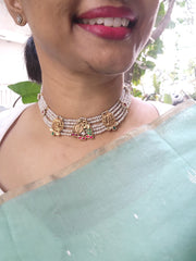 Gold polish pearl choker stringed with kundan, ruby & emerald motifs-Silver Neckpiece-CI-House of Taamara
