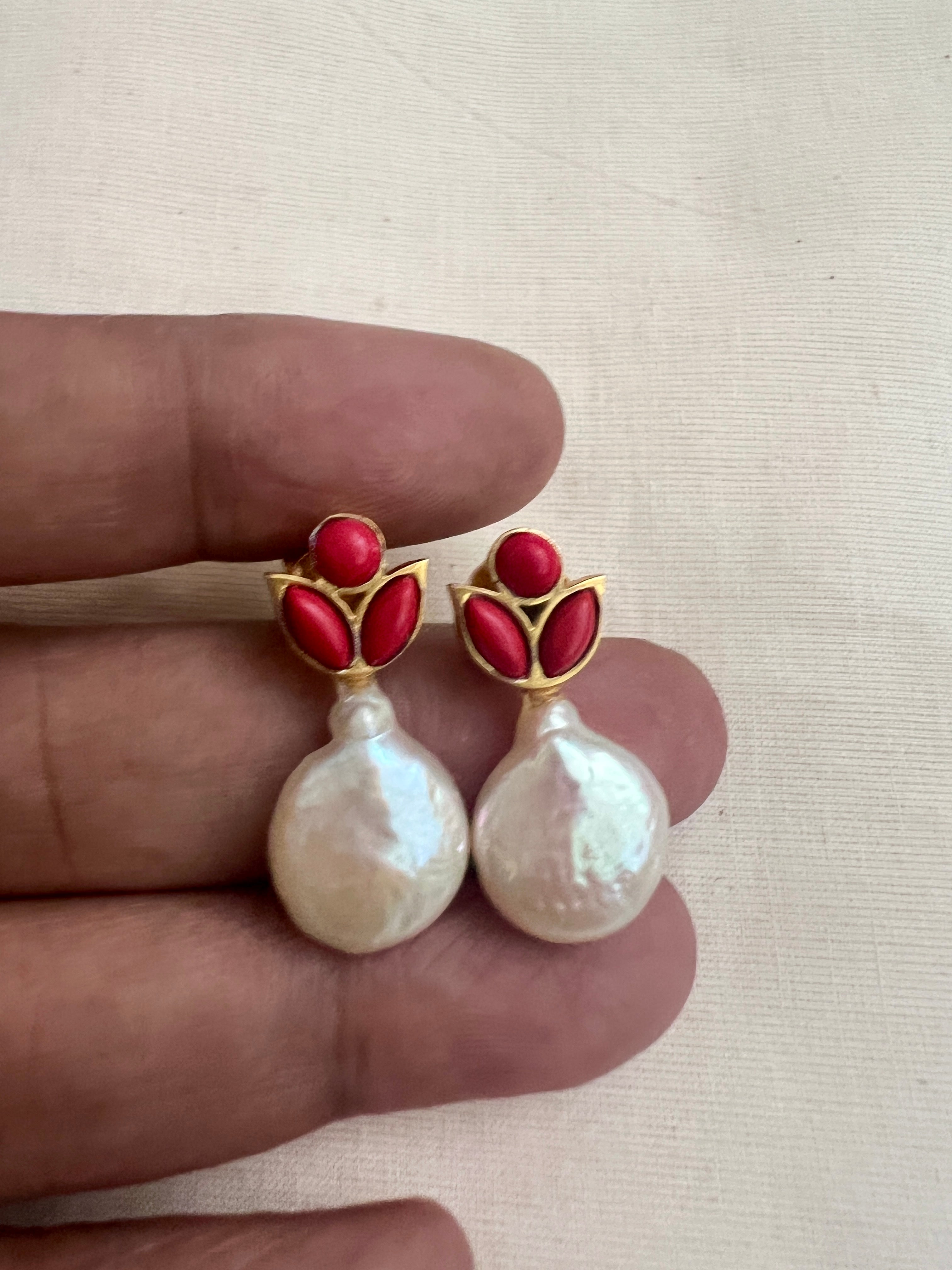 Gold polish pearl & coral studs-Earrings-CI-House of Taamara