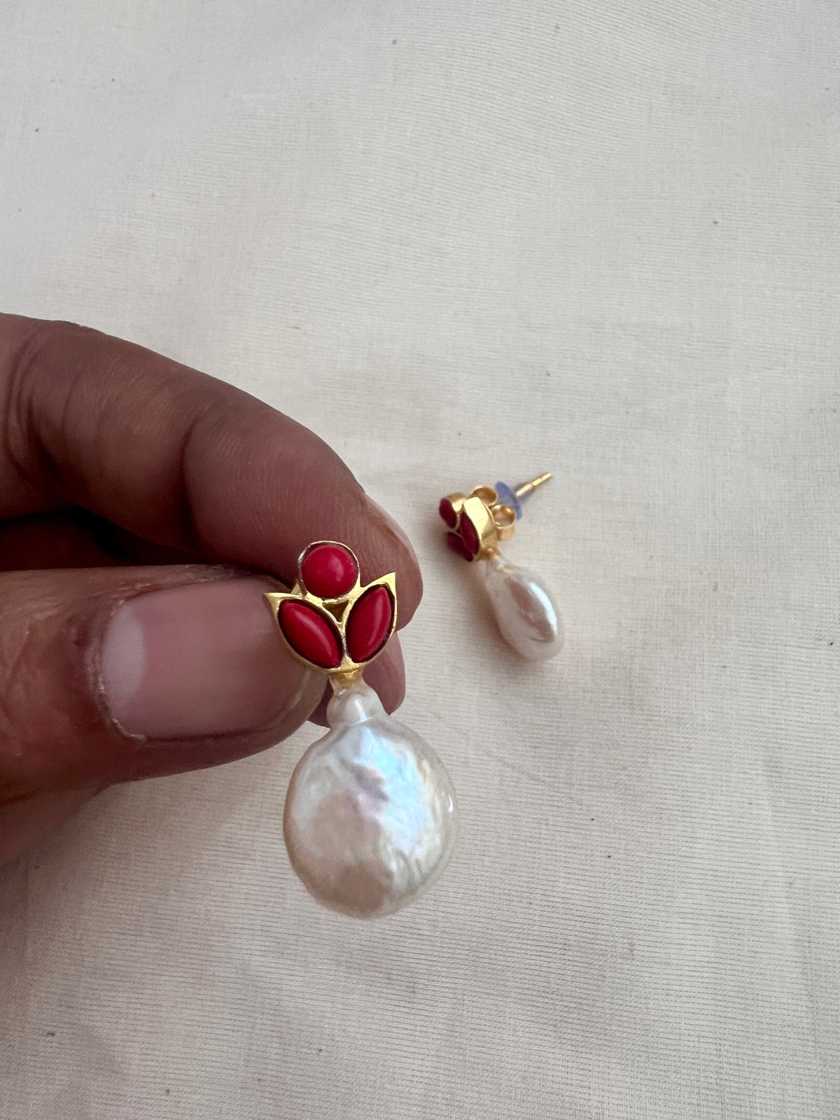 Gold polish pearl & coral studs-Earrings-CI-House of Taamara