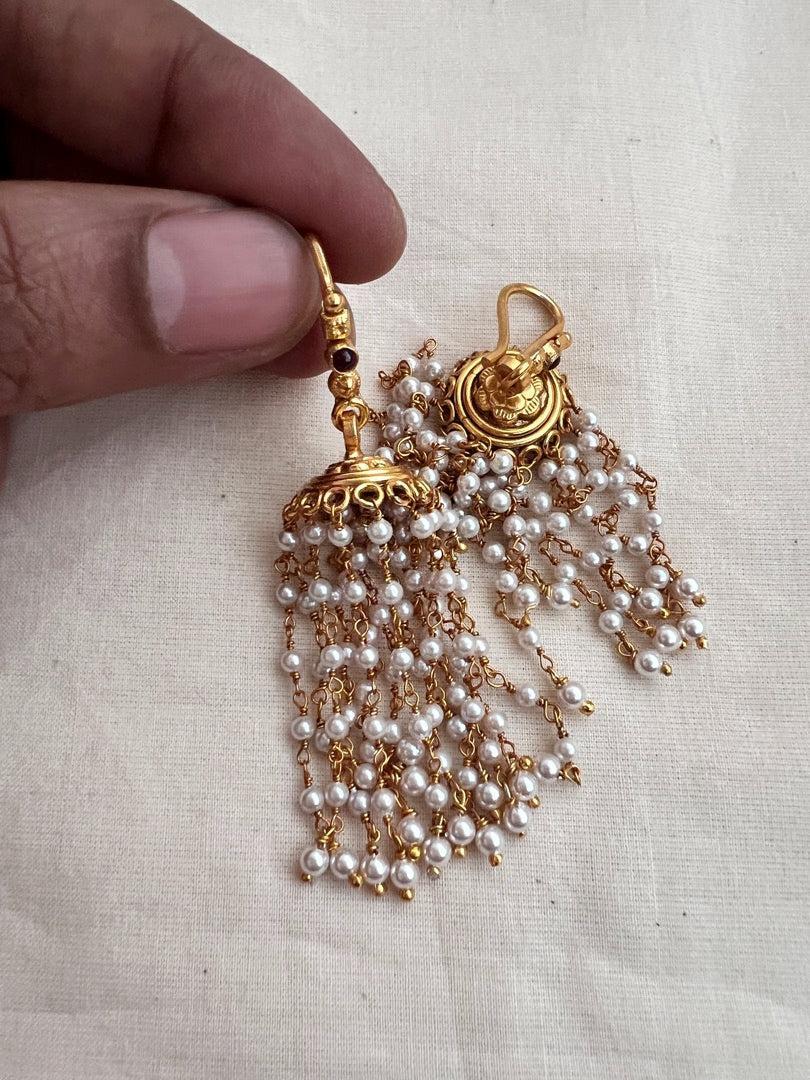 Gold polish pearl hook jhumkas-Earrings-CI-House of Taamara