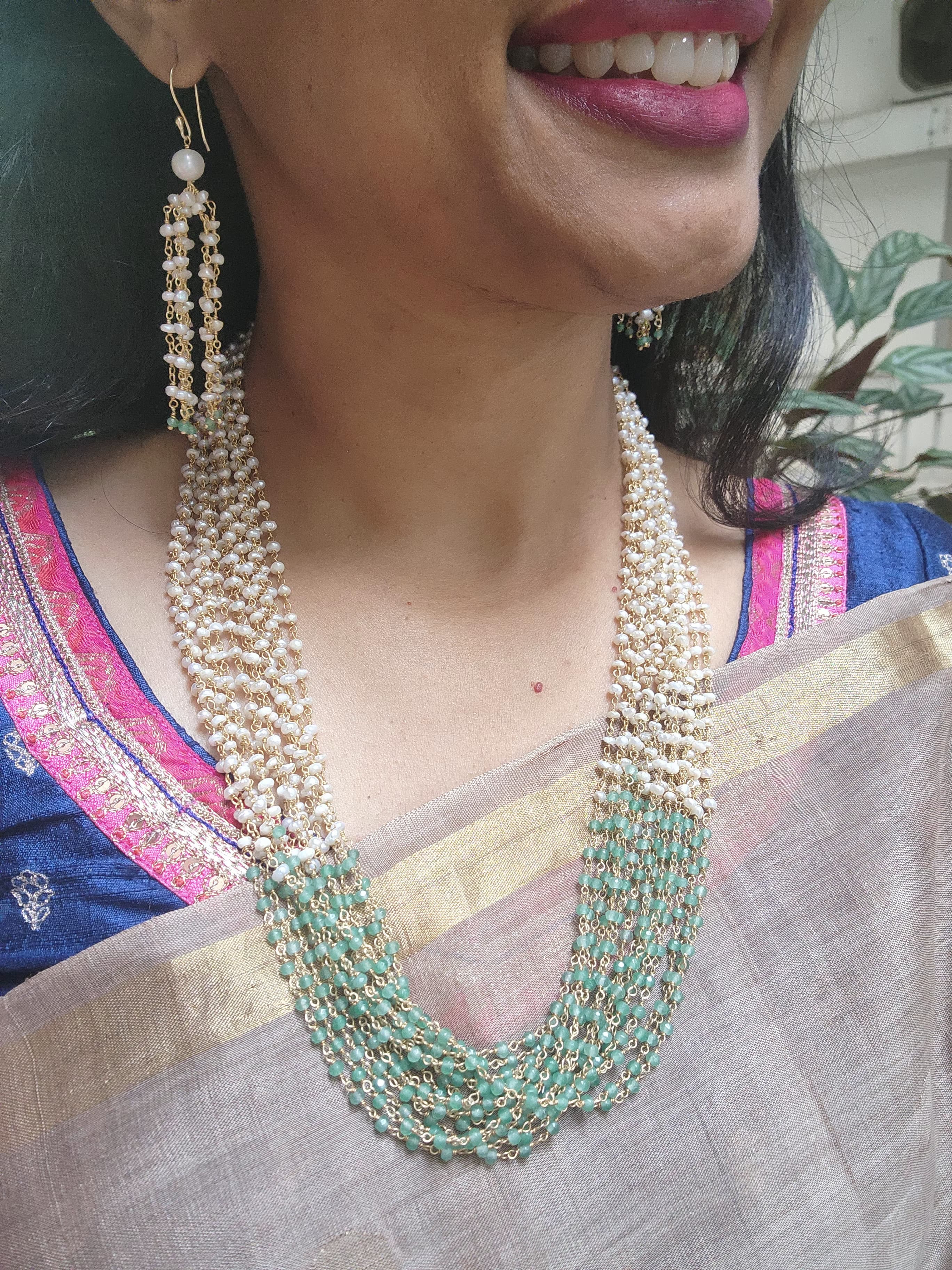 Gold polish pearl & jade beads bunch necklace, SET-Silver Neckpiece-CI-House of Taamara