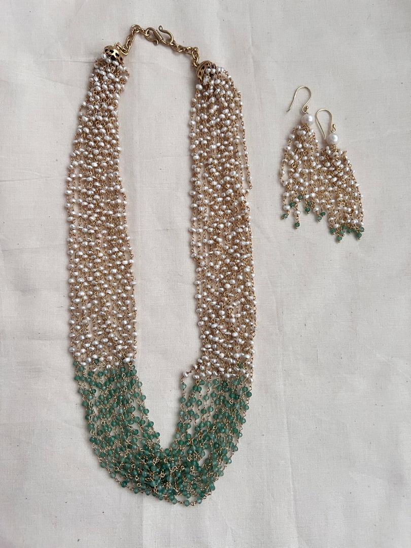 Gold polish pearl & jade beads bunch necklace, SET-Silver Neckpiece-CI-House of Taamara