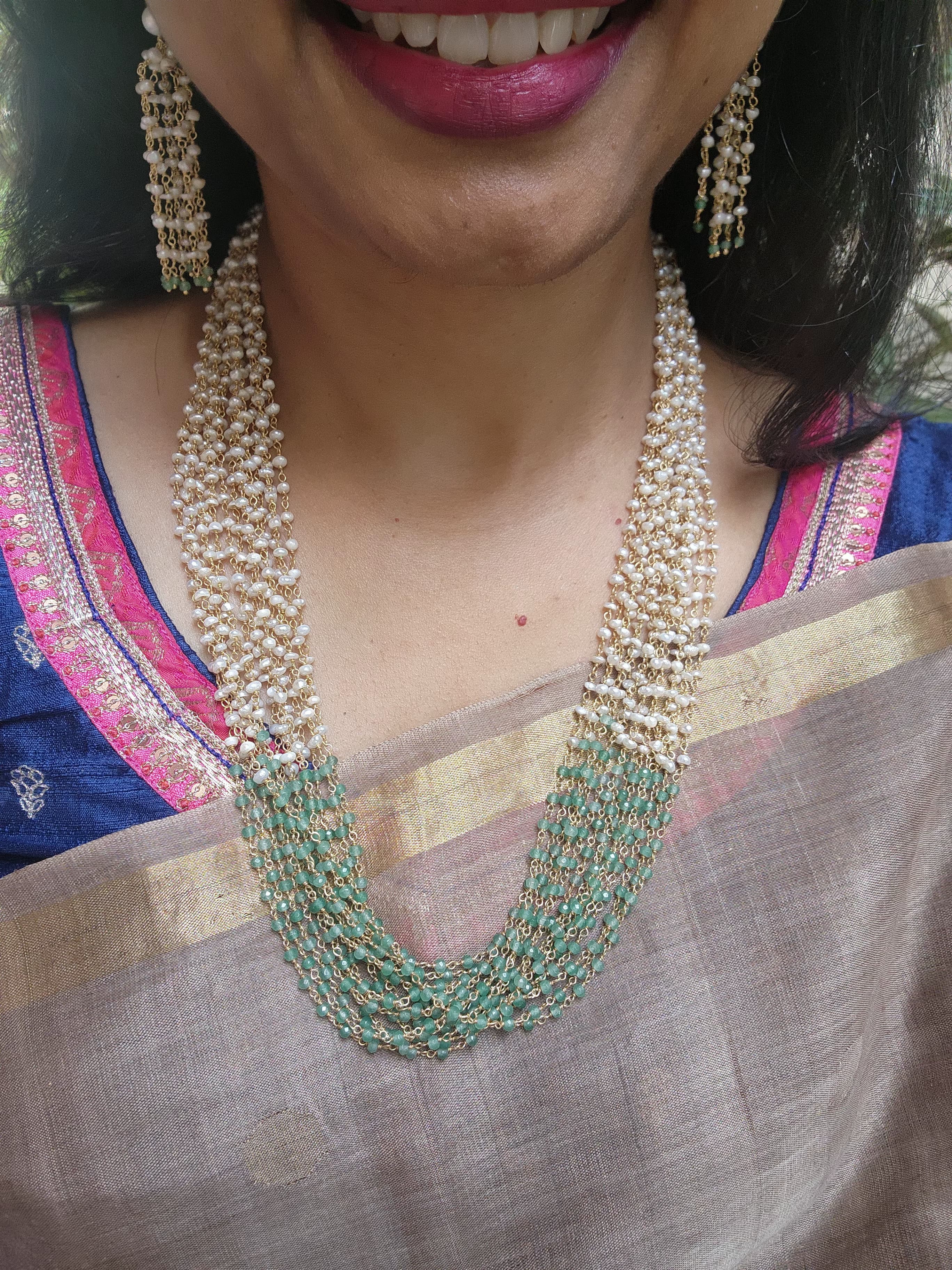 Gold polish pearl & jade beads bunch necklace, SET-Silver Neckpiece-CI-House of Taamara