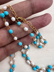 Gold polish pearl & turquoise beads chain-Silver Neckpiece-CI-House of Taamara