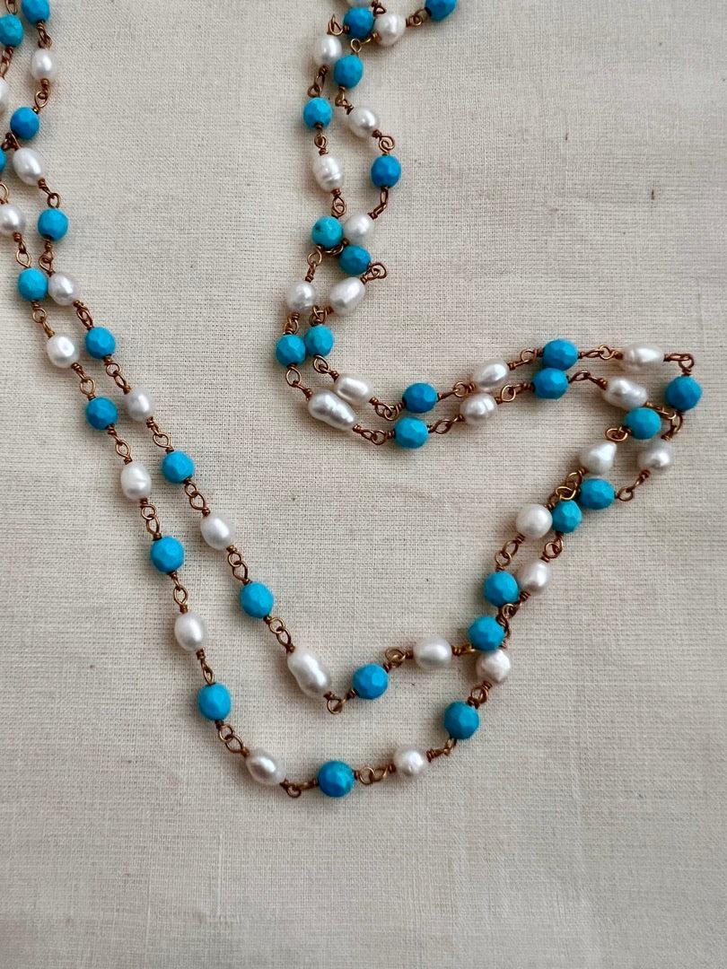 Gold polish pearl & turquoise beads chain-Silver Neckpiece-CI-House of Taamara