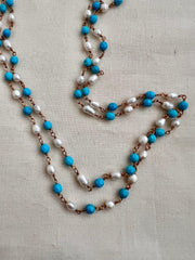 Gold polish pearl & turquoise beads chain-Silver Neckpiece-CI-House of Taamara