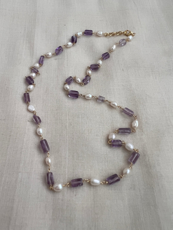 Gold polish pearls & amethyst bead chain-Silver Neckpiece-CI-House of Taamara