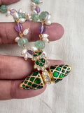 Gold polish pearls, amethyst & jade beads chain with kundan & emerald pendant (MADE TO ORDER)-Silver Neckpiece-CI-House of Taamara