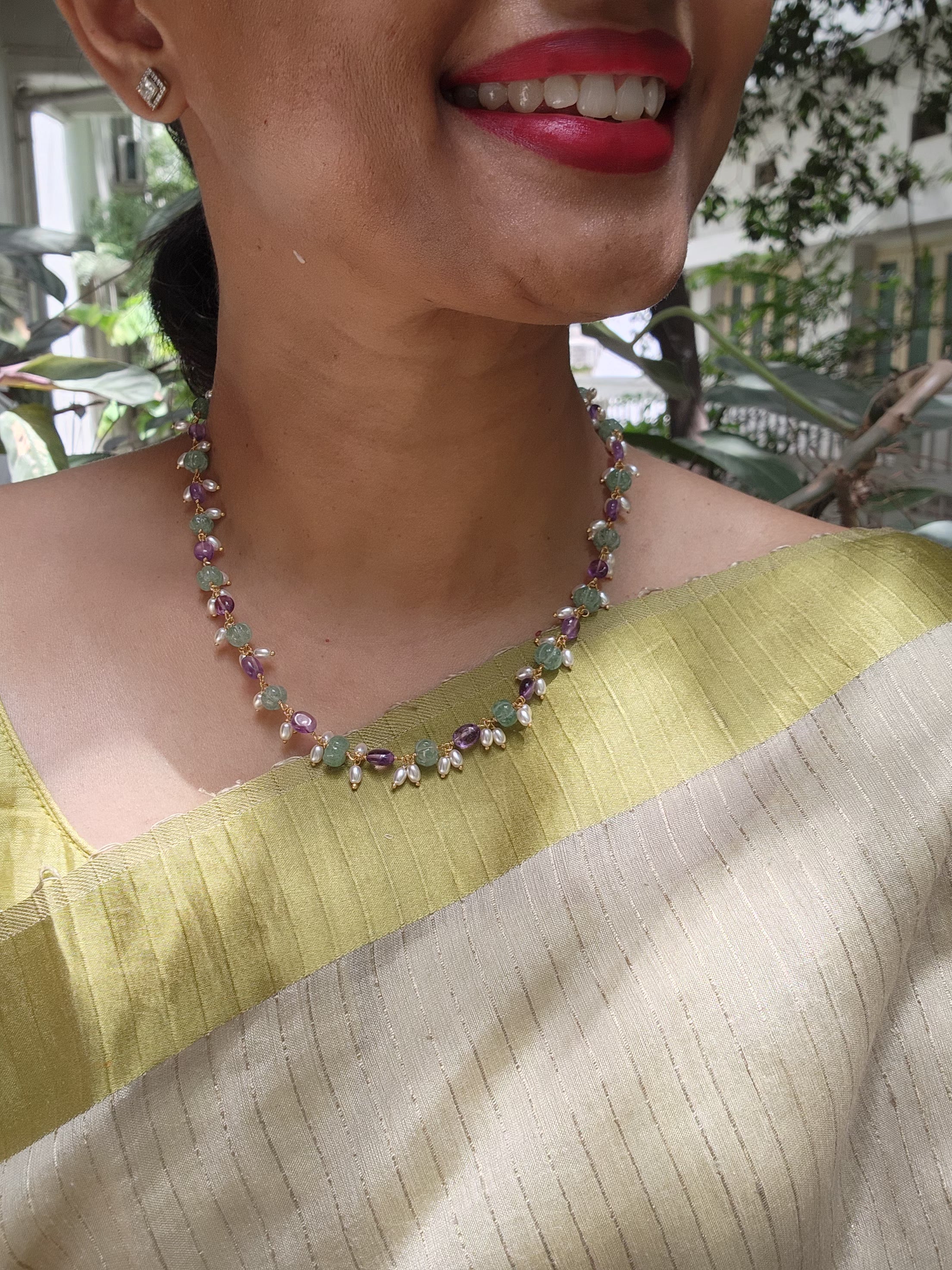 Gold polish pearls, amethyst & pumpkin jade beads chain-Silver Neckpiece-CI-House of Taamara