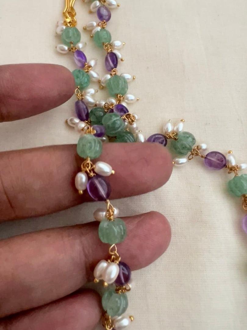 Gold polish pearls, amethyst & pumpkin jade beads chain-Silver Neckpiece-CI-House of Taamara