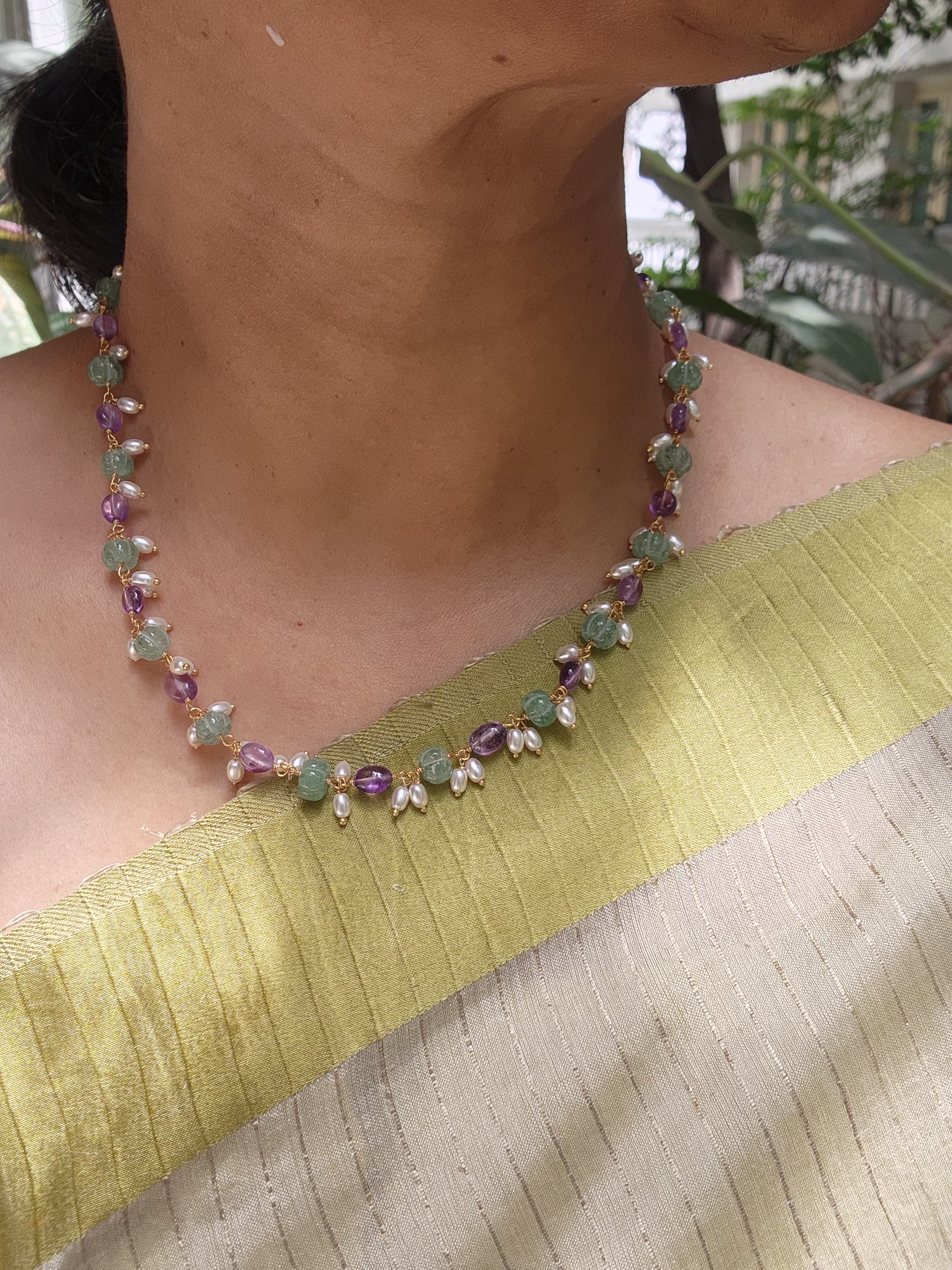 Gold polish pearls, amethyst & pumpkin jade beads chain-Silver Neckpiece-CI-House of Taamara