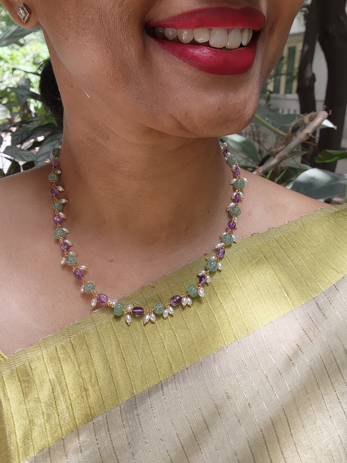 Gold polish pearls, amethyst & pumpkin jade beads chain-Silver Neckpiece-CI-House of Taamara
