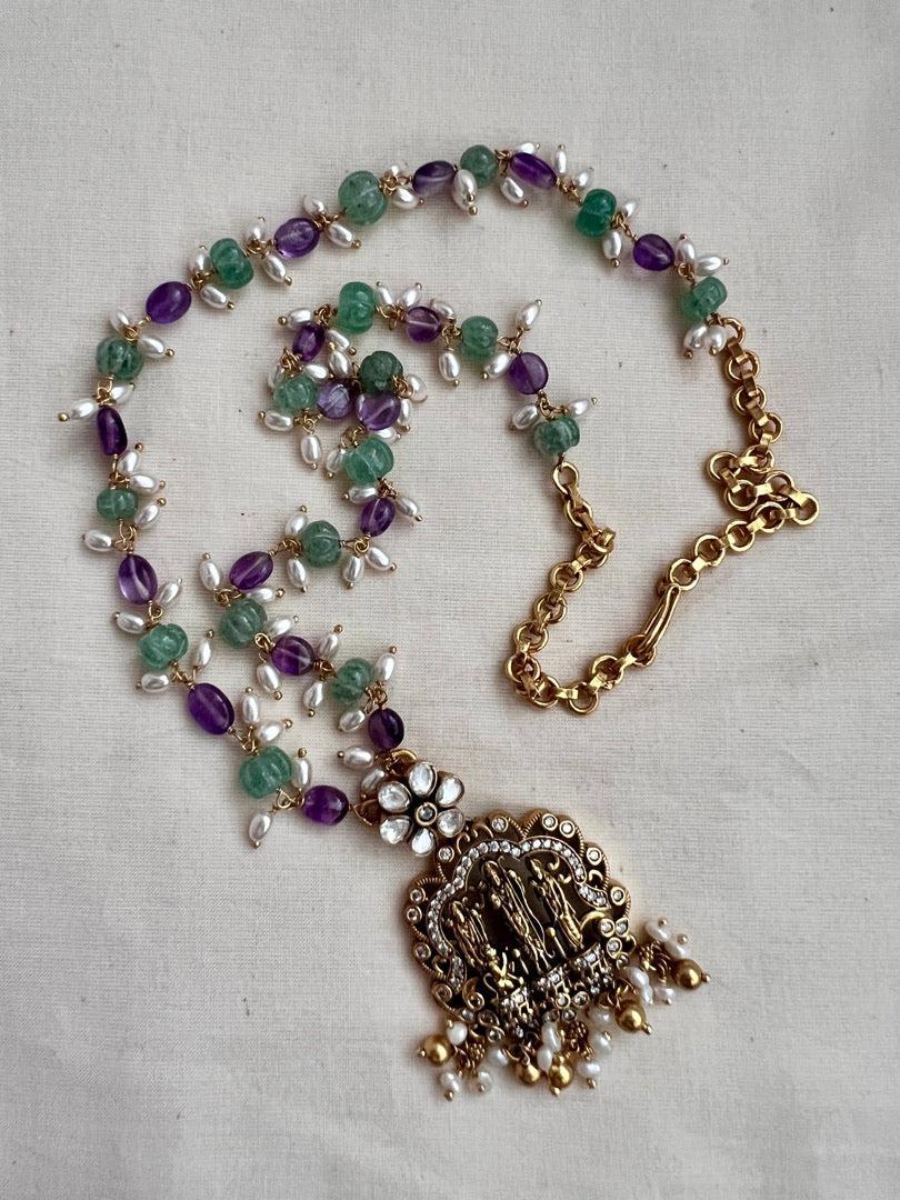 Gold polish pendant with amethyst, pumpkin jade & pearls chain-Silver Neckpiece-CI-House of Taamara