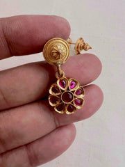 Gold polish pink ruby flower hangings-Earrings-CI-House of Taamara