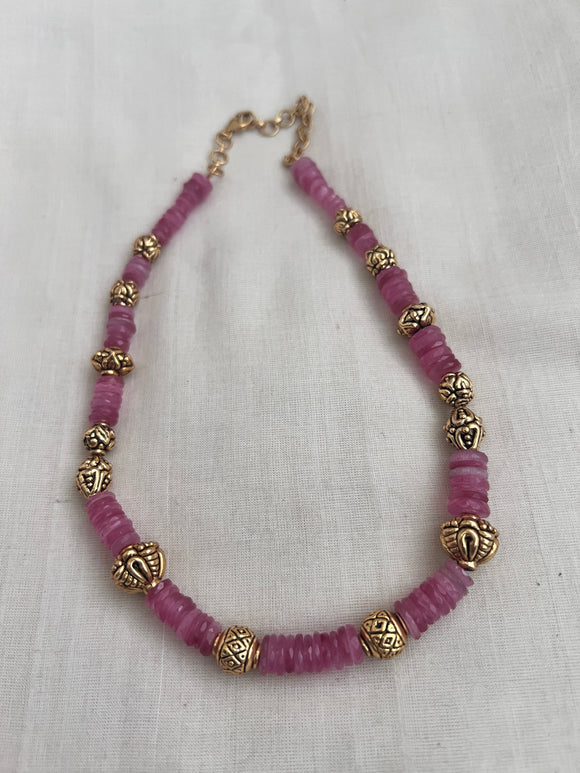 Gold polish rose quartz and gold antique beads chain-Silver Neckpiece-CI-House of Taamara