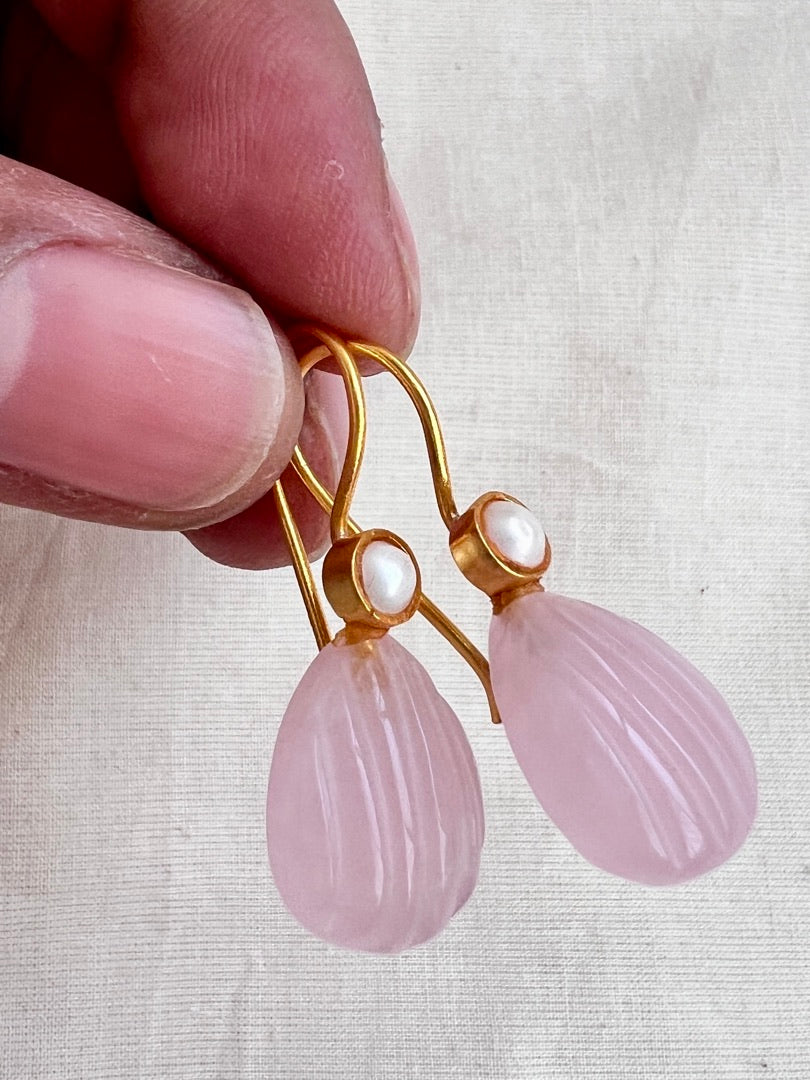 Gold polish rose quartz bead hangings-Earrings-CI-House of Taamara