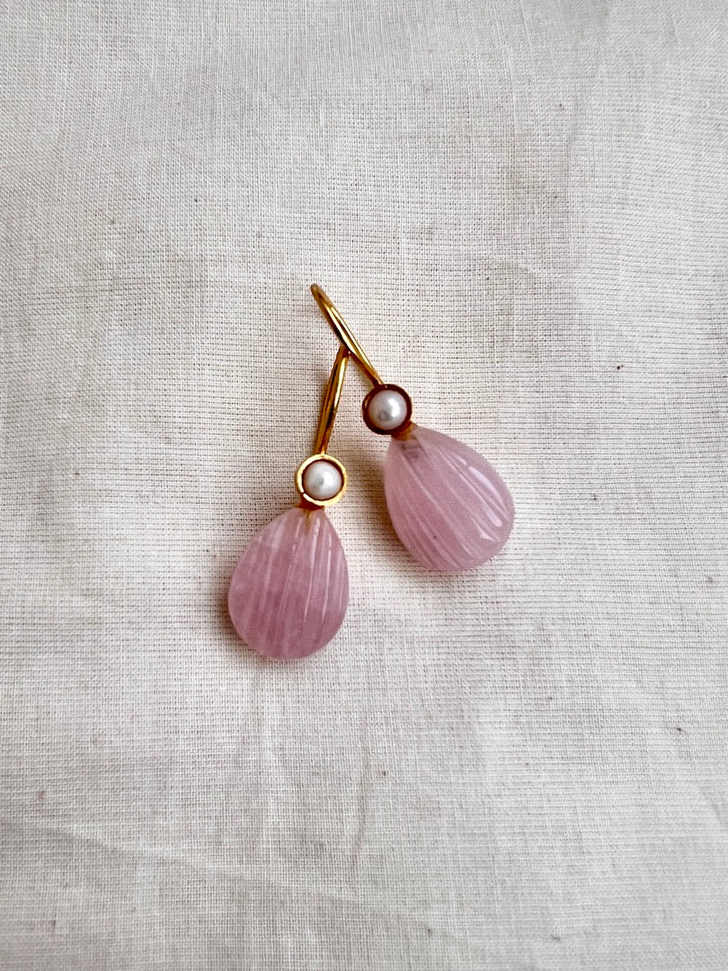 Gold polish rose quartz bead hangings-Earrings-CI-House of Taamara