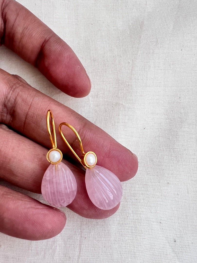 Gold polish rose quartz bead hangings-Earrings-CI-House of Taamara