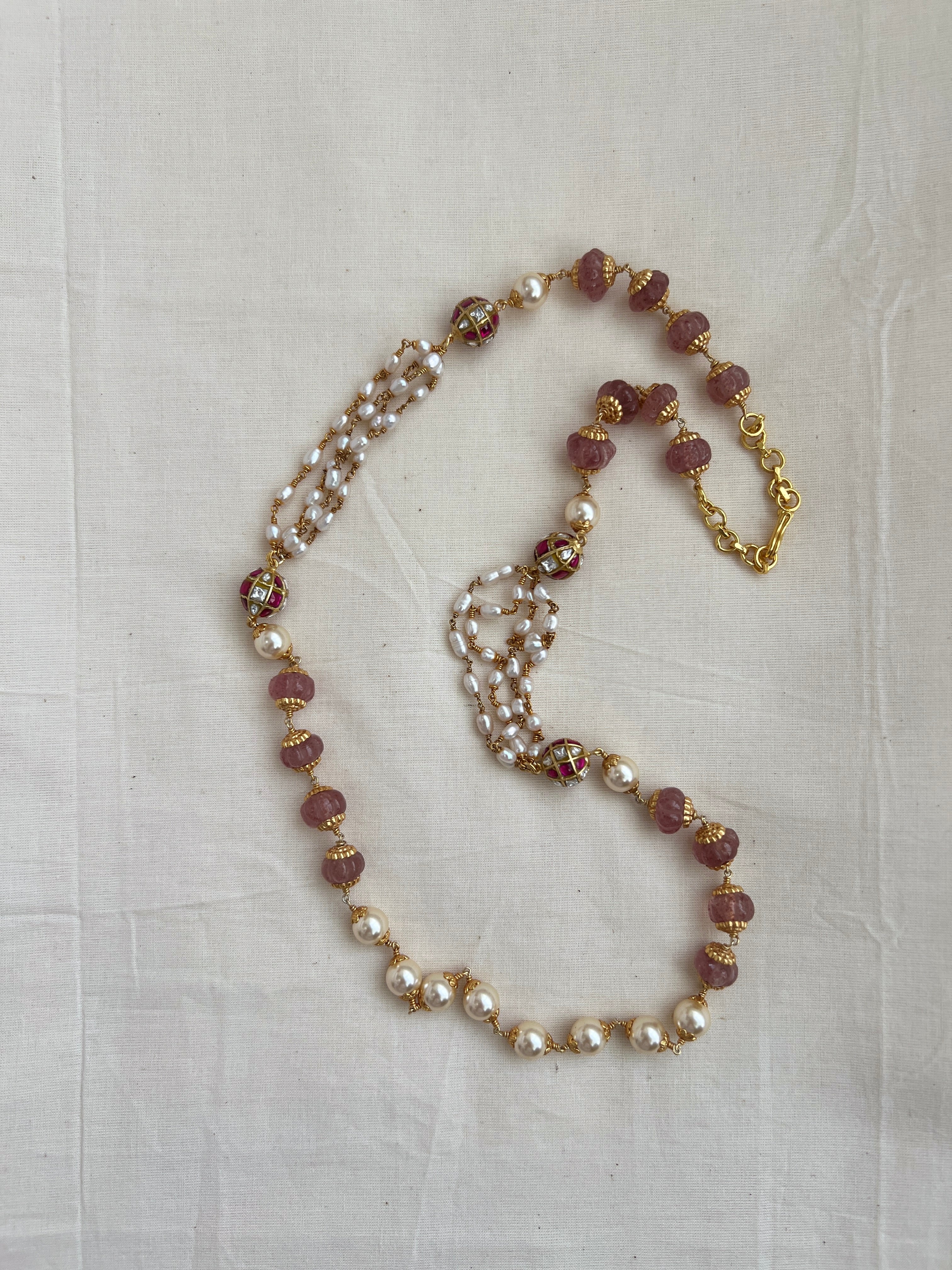 Gold polish rose quartz & pearl beads chain-Silver Neckpiece-CI-House of Taamara