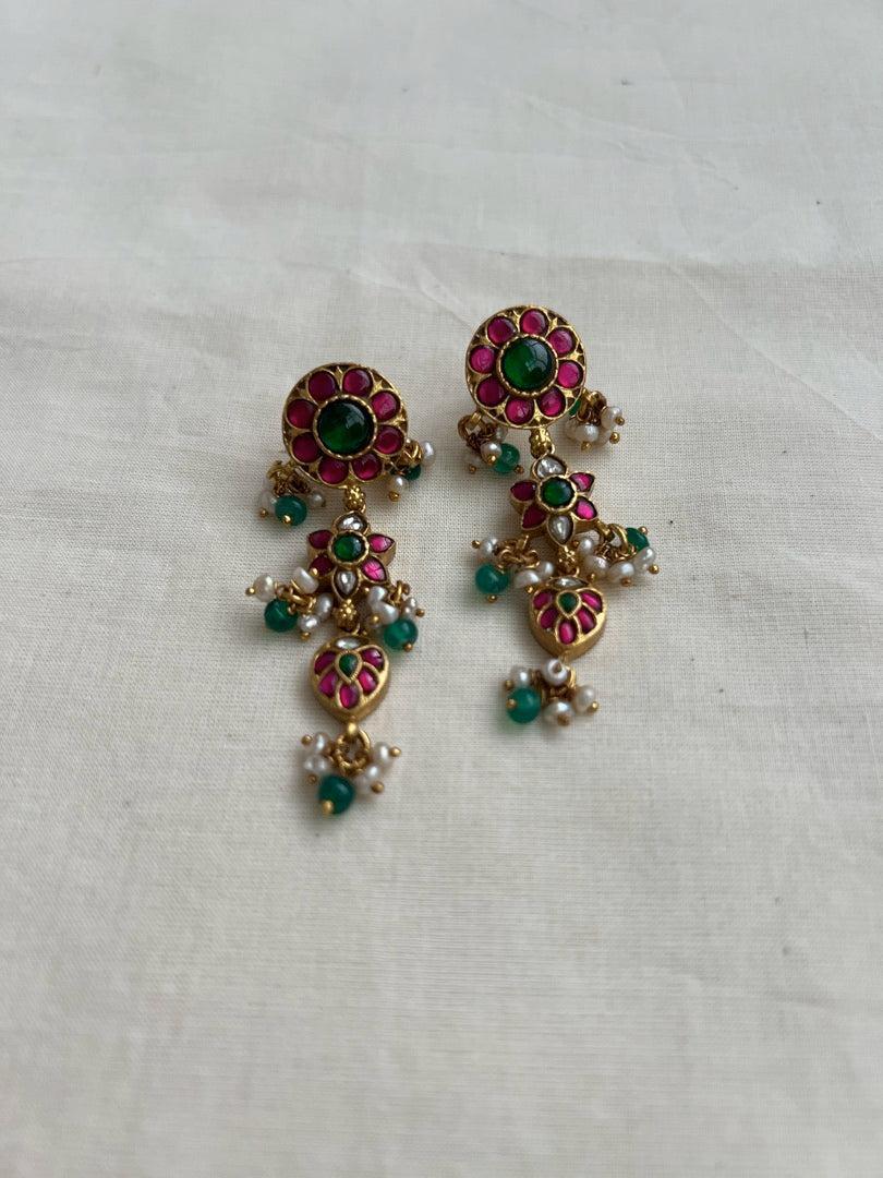 Gold polish ruby and emerald hangings with pearls-Earrings-CI-House of Taamara