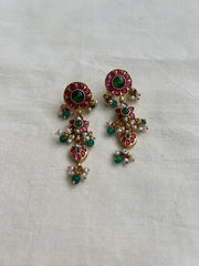 Gold polish ruby and emerald hangings with pearls-Earrings-CI-House of Taamara