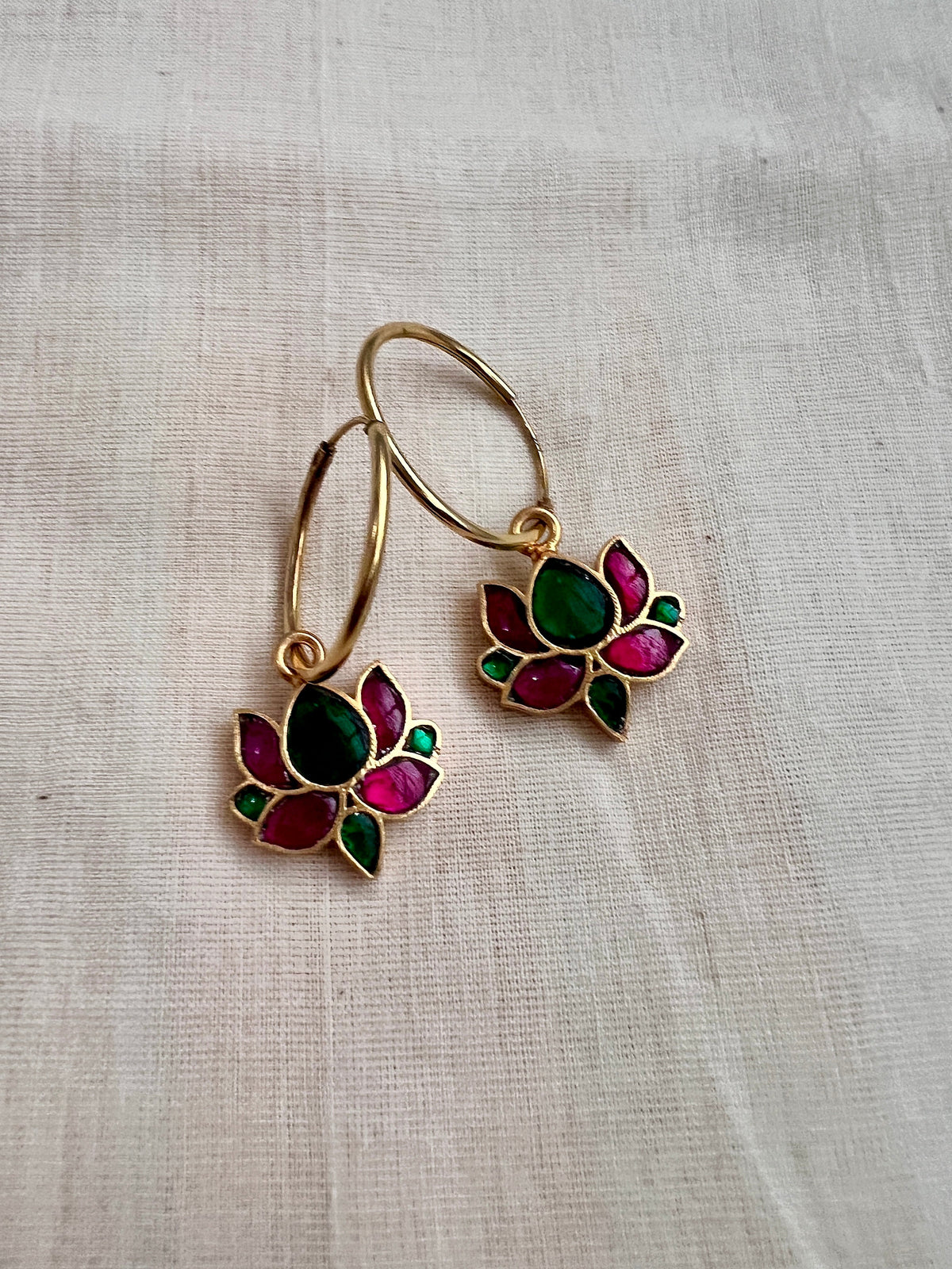 Gold polish ruby and emerald loop earrings-Earrings-CI-House of Taamara