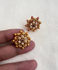 Gold polish ruby and pearl studs-Earrings-CI-House of Taamara