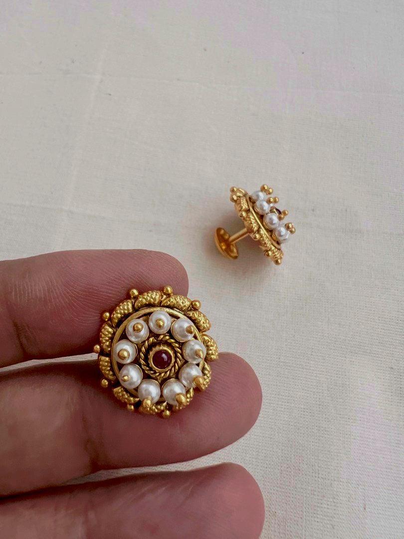 Gold polish ruby and pearl studs-Earrings-CI-House of Taamara