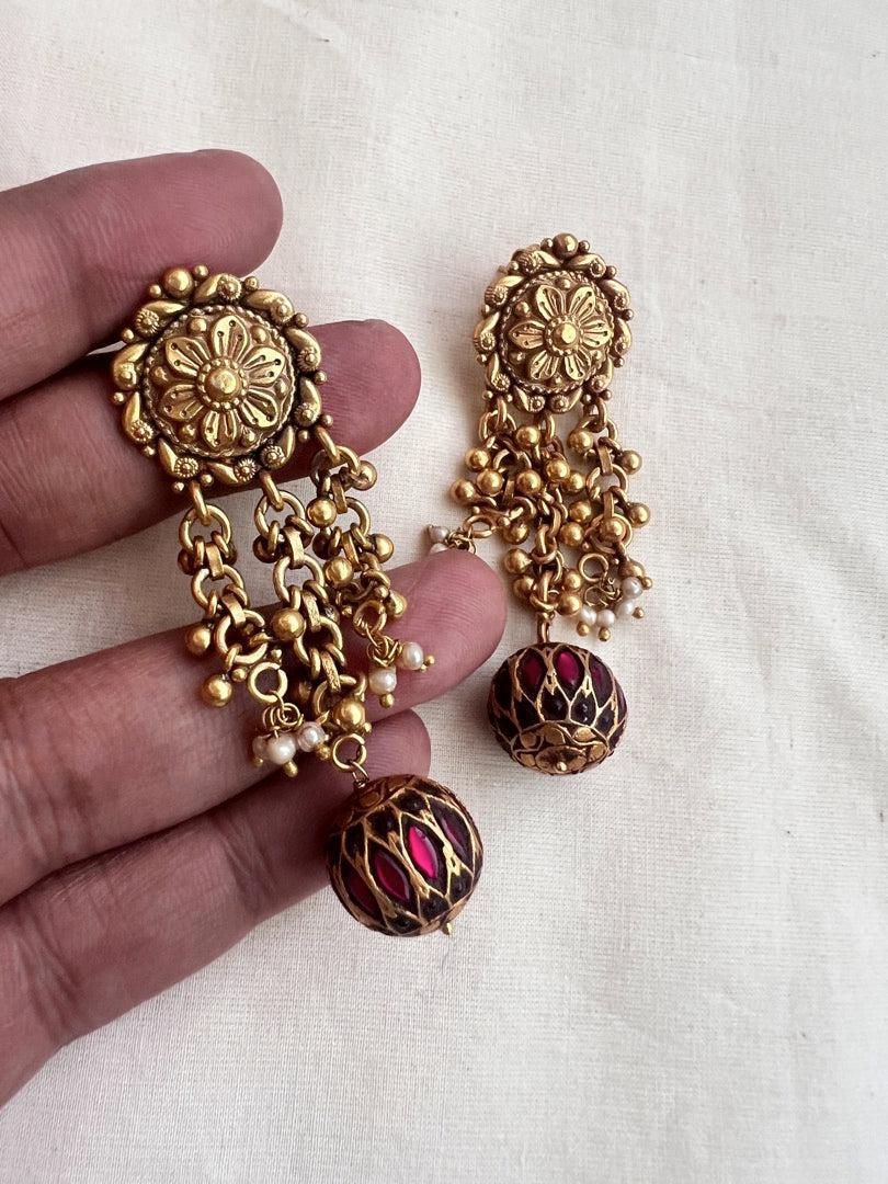 Gold polish ruby ball long hangings-Earrings-CI-House of Taamara