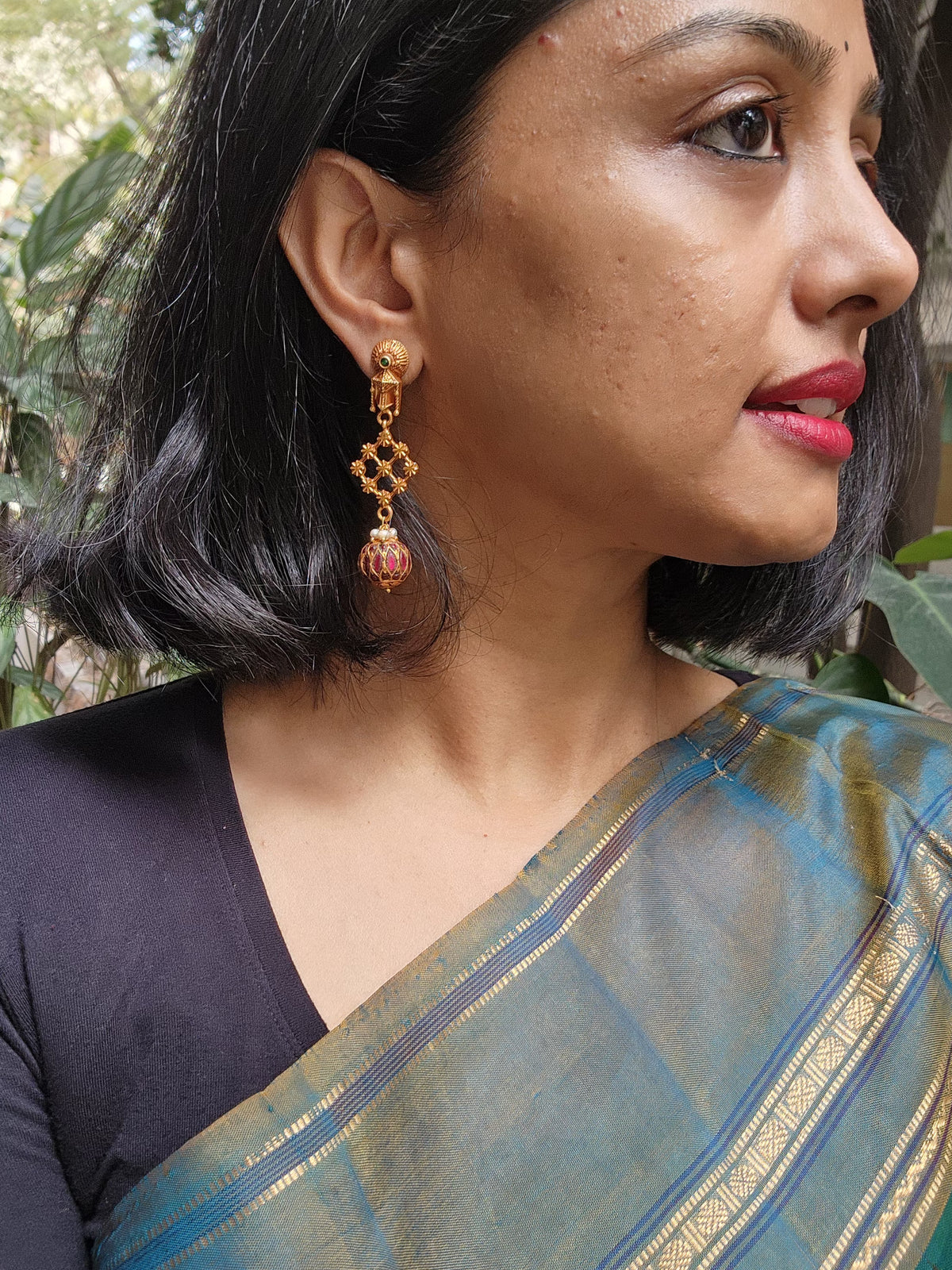 Gold polish ruby bead hangings-Earrings-CI-House of Taamara