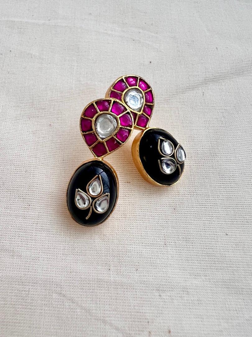 Gold polish ruby & black onyx kundan inlay work earrings-Earrings-CI-House of Taamara